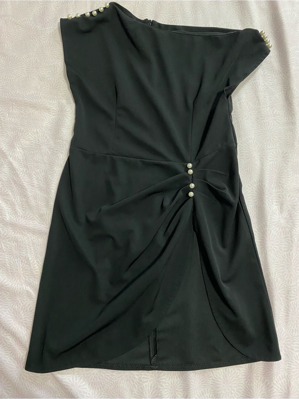 Asymmetric One-Shoulder Black Dress with Pearl Trim
